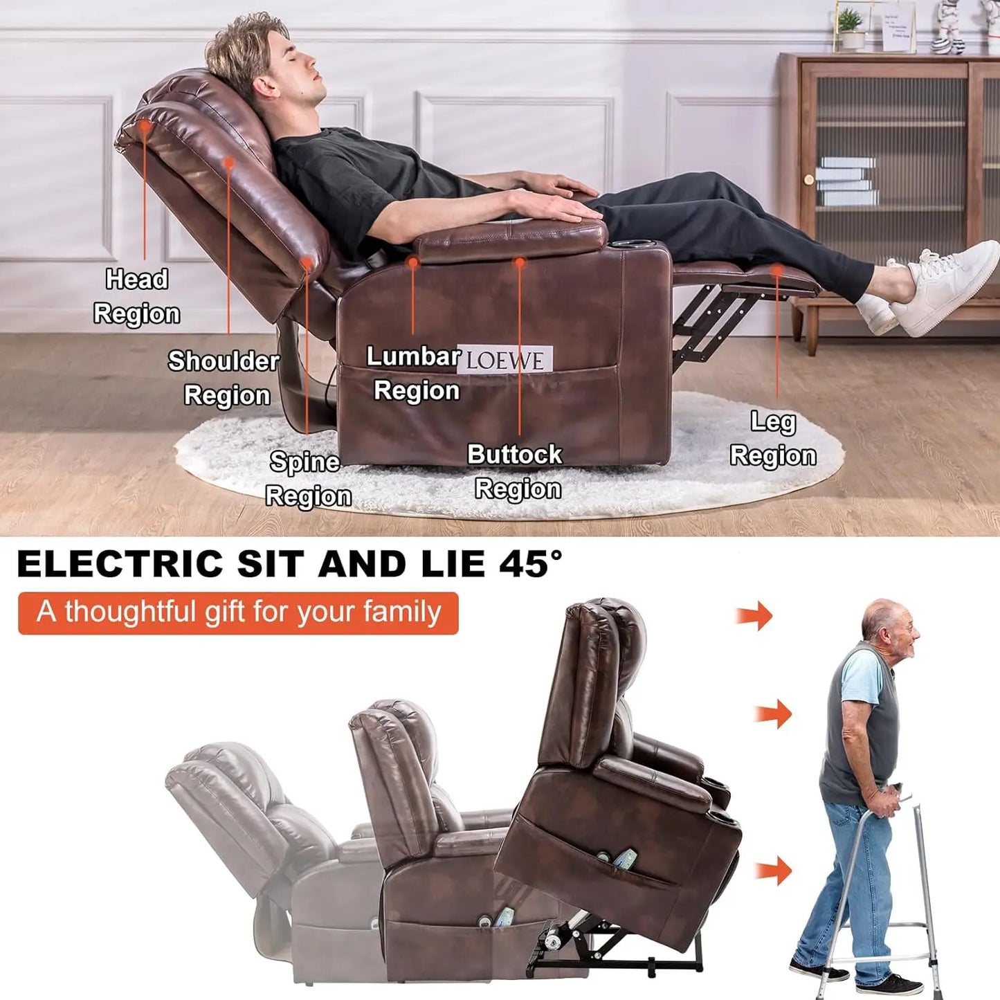 Power Lift Recliner, Lift Chair with Heat and Massage, Pu Recliner chair with Cup Holder