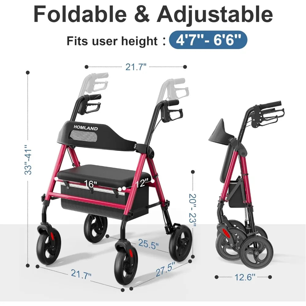 8'' Big Wheels, 350 lb. Weight Capacity, Adjustable Handles and Seat Height, Lightweight Rolling Walker, Red