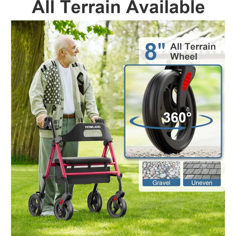 8'' Big Wheels, 350 lb. Weight Capacity, Adjustable Handles and Seat Height, Lightweight Rolling Walker, Red