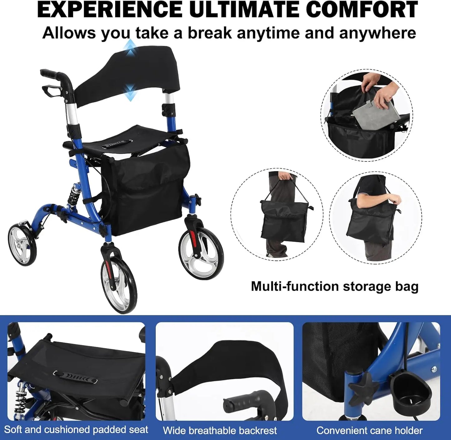 2-in-1 Folding Walker & Wheelchair for Seniors, 300lbs Capacity Rollator with All-Terrain Wheels, Shock Absorption, Dual Brake S