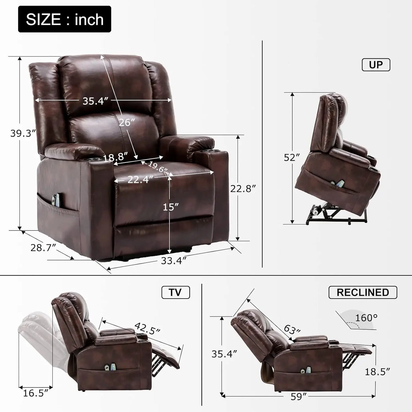 Power Lift Recliner, Lift Chair with Heat and Massage, Pu Recliner chair with Cup Holder