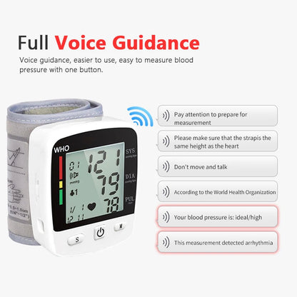 Digital Blood Pressure Monitor Wrist Tensiometer Electronic Sphygmomanometer with LCD, 2 X 90 Memory Rechargeable