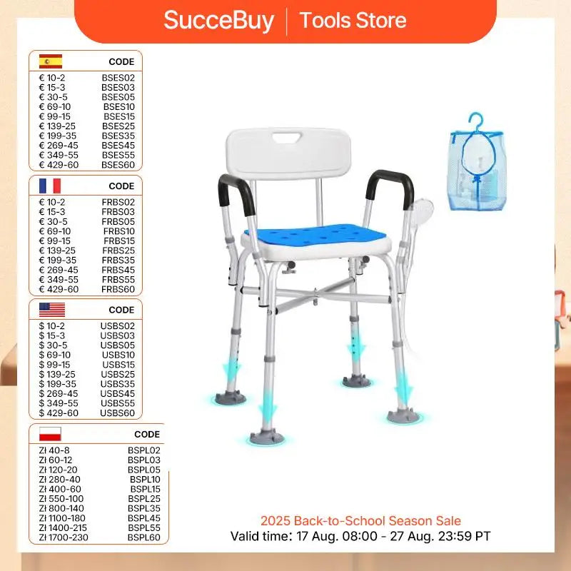 Shower Chair Adjustable Height Bench Bath Chair for Elderly Disabled Shower Chair supports 400/350lb