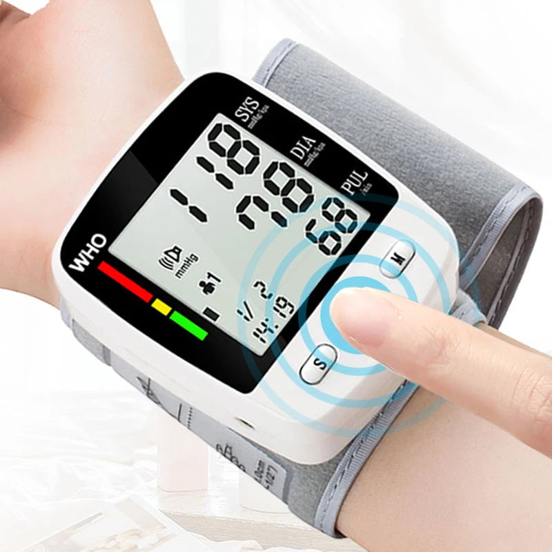Digital Blood Pressure Monitor Wrist Tensiometer Electronic Sphygmomanometer with LCD, 2 X 90 Memory Rechargeable