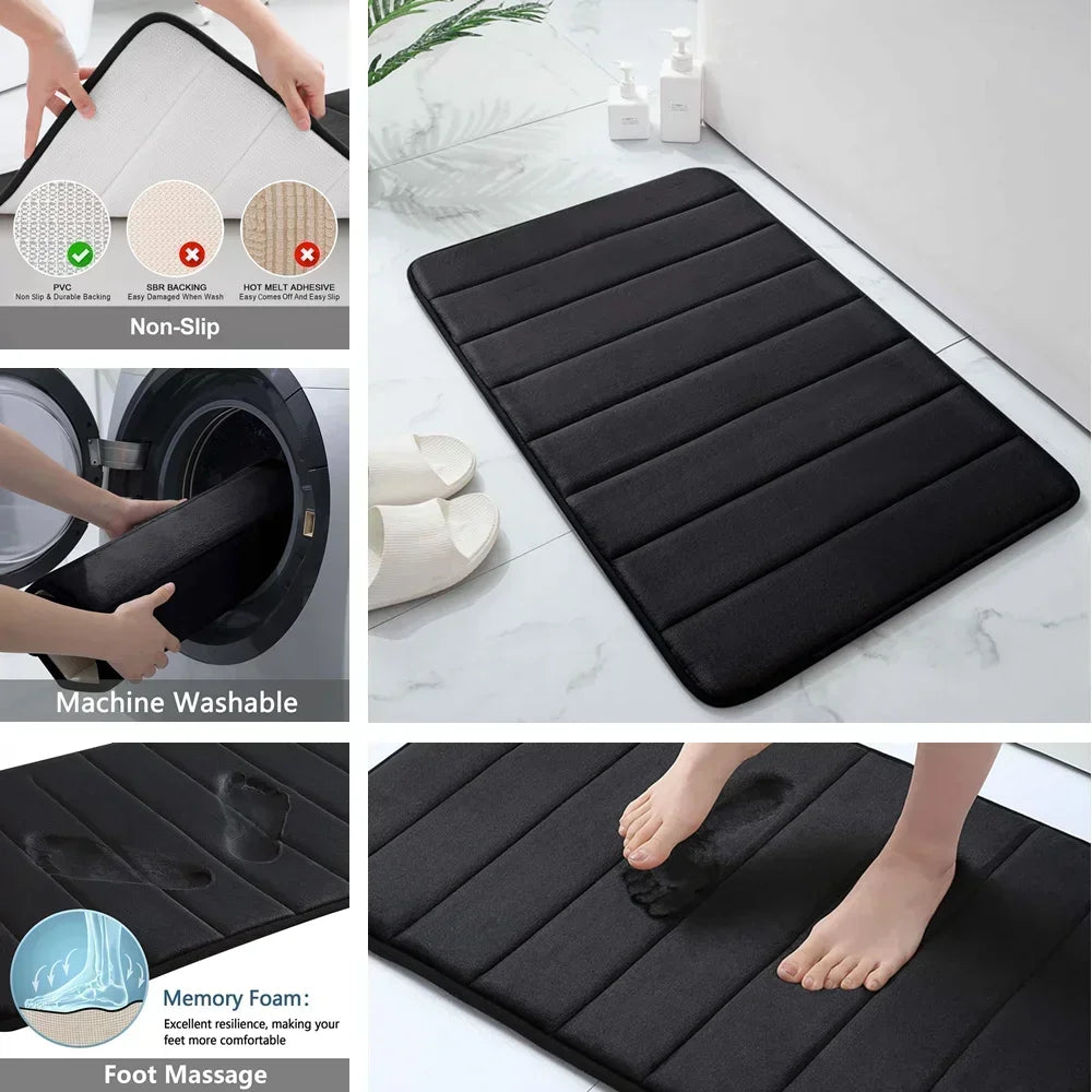 Black Memory Foam Bathmat Soft Comfortable Super Water Absorption Non-Slip Thick Machine Washable Easy to Dry