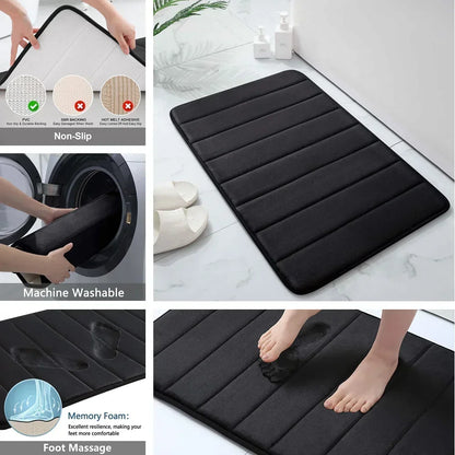Black Memory Foam Bathmat Soft Comfortable Super Water Absorption Non-Slip Thick Machine Washable Easy to Dry