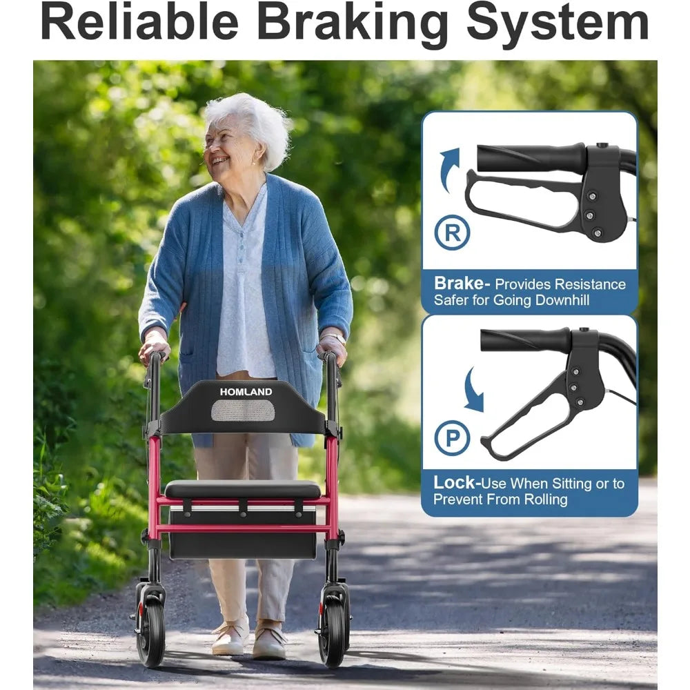 8'' Big Wheels, 350 lb. Weight Capacity, Adjustable Handles and Seat Height, Lightweight Rolling Walker, Red