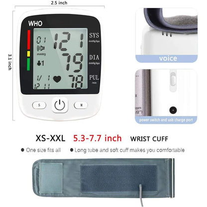 Digital Blood Pressure Monitor Wrist Tensiometer Electronic Sphygmomanometer with LCD, 2 X 90 Memory Rechargeable