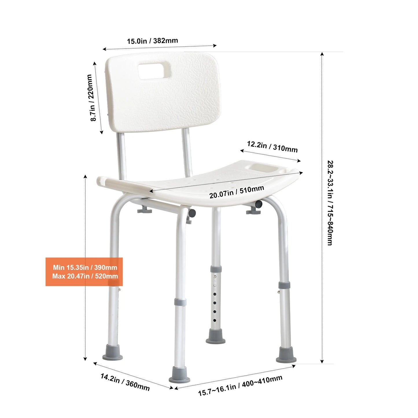 Shower Chair Adjustable Height Bench Bath Chair for Elderly Disabled Shower Chair supports 400/350lb