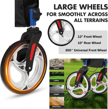 2-in-1 Folding Walker & Wheelchair for Seniors, 300lbs Capacity Rollator with All-Terrain Wheels, Shock Absorption, Dual Brake S