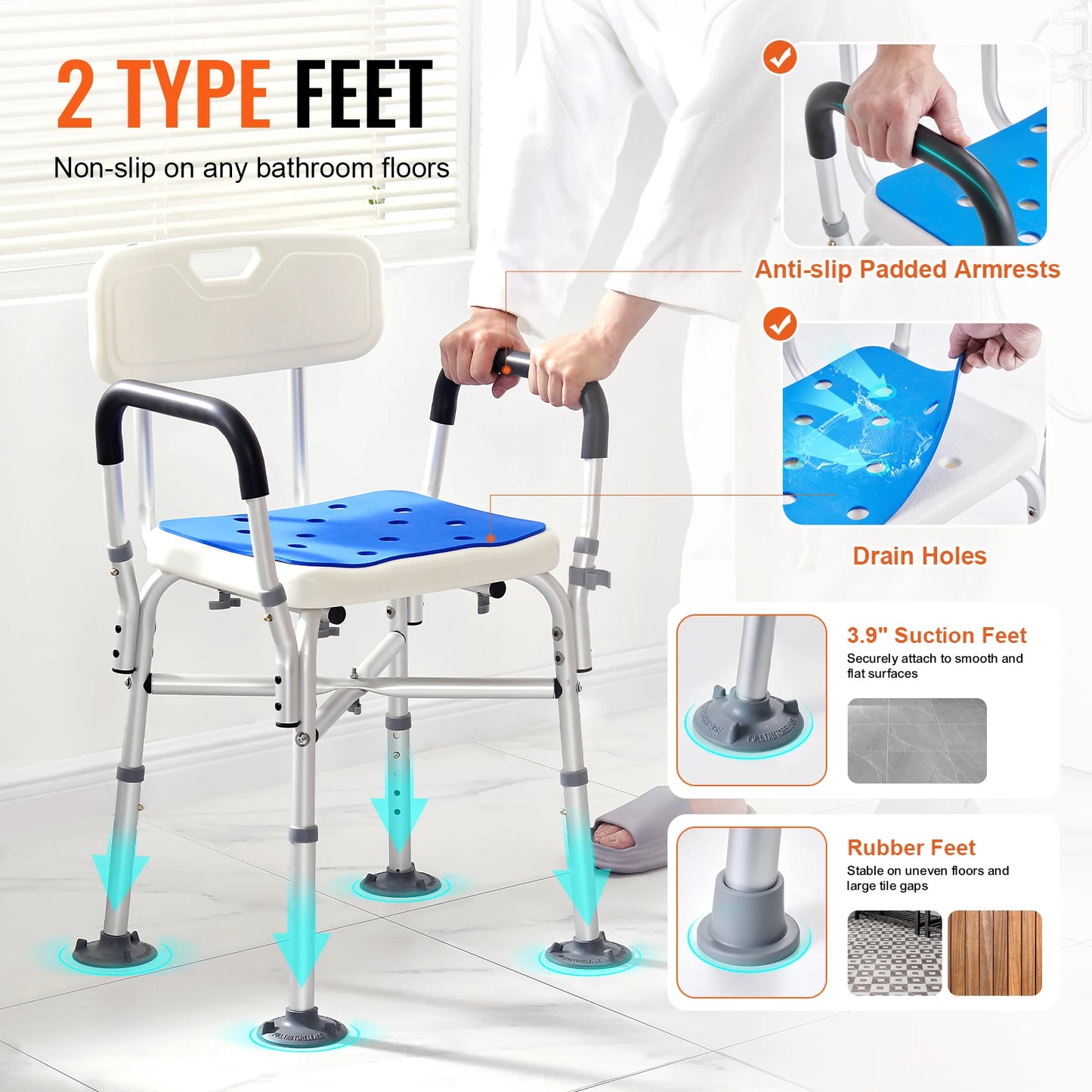 Shower Chair Adjustable Height Bench Bath Chair for Elderly Disabled Shower Chair supports 400/350lb
