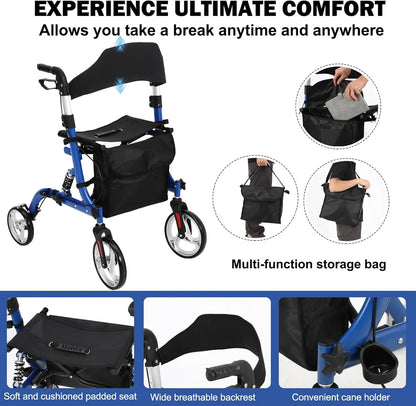 2-in-1 Folding Walker & Wheelchair for Seniors, 300lbs Capacity Rollator with All-Terrain Wheels, Shock Absorption, Dual Brake S