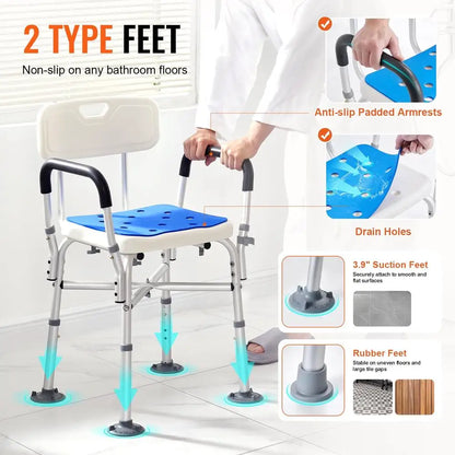 Adjustable Shower Chair with Backrest and Arms Non-Slip Safety Seat-400lbs Capacity