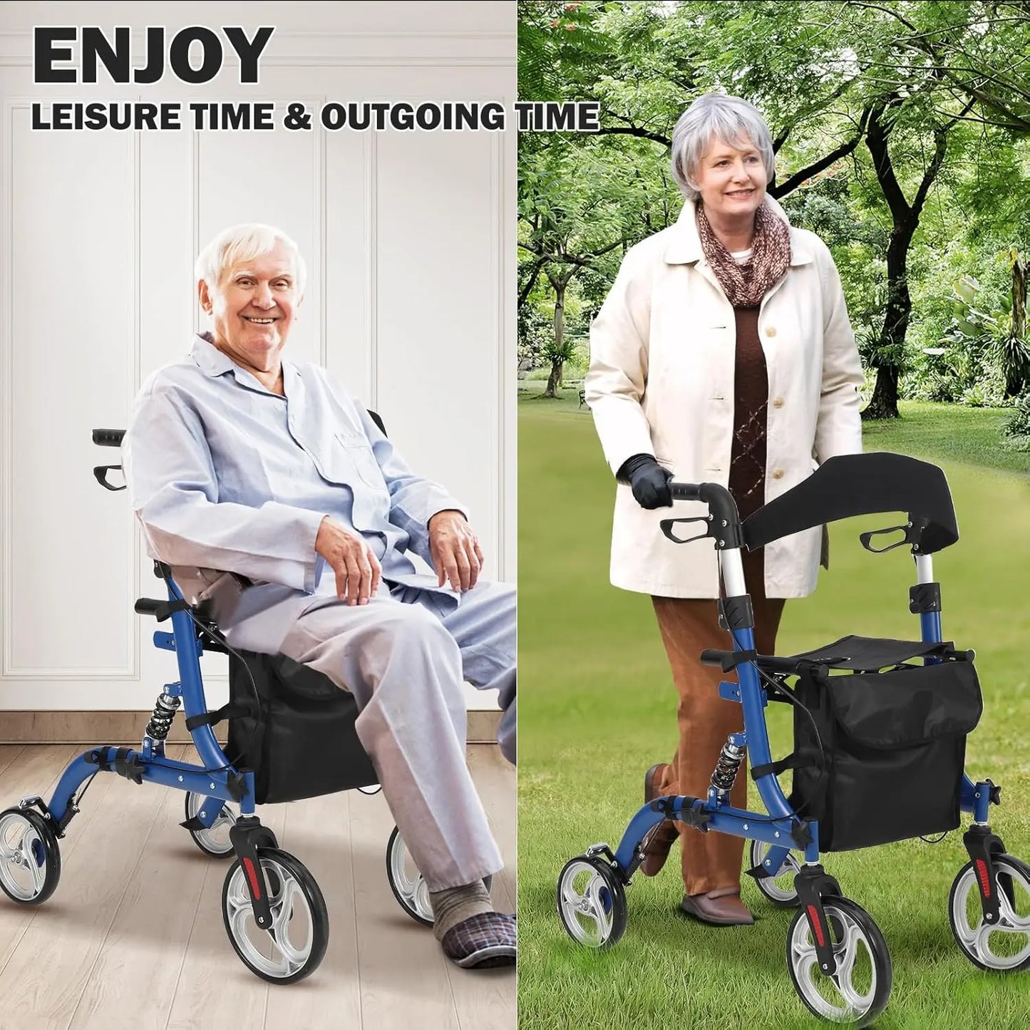 2-in-1 Folding Walker & Wheelchair for Seniors, 300lbs Capacity Rollator with All-Terrain Wheels, Shock Absorption, Dual Brake S
