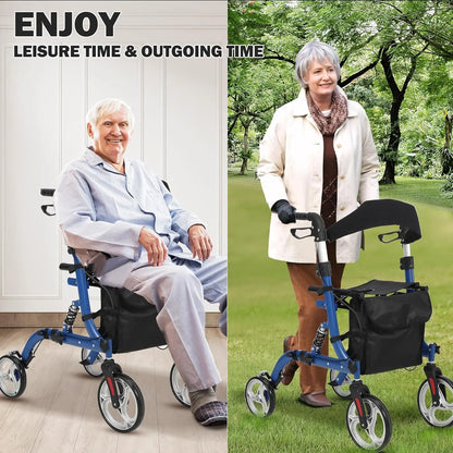 2-in-1 Folding Walker & Wheelchair for Seniors, 300lbs Capacity Rollator with All-Terrain Wheels, Shock Absorption, Dual Brake S