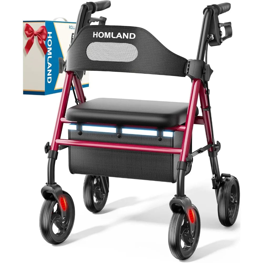 8'' Big Wheels, 350 lb. Weight Capacity, Adjustable Handles and Seat Height, Lightweight Rolling Walker, Red