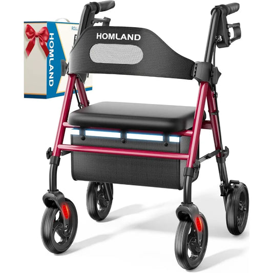 8'' Big Wheels, 350 lb. Weight Capacity, Adjustable Handles and Seat Height, Lightweight Rolling Walker, Red