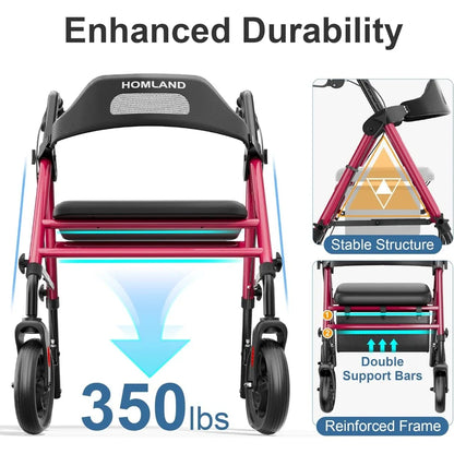 8'' Big Wheels, 350 lb. Weight Capacity, Adjustable Handles and Seat Height, Lightweight Rolling Walker, Red
